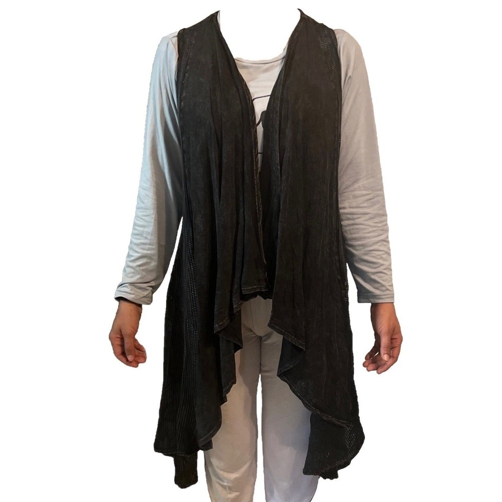 T-Party Black Mineral Wash Mesh  Waterfall Draped Open Front Vest cardigan L